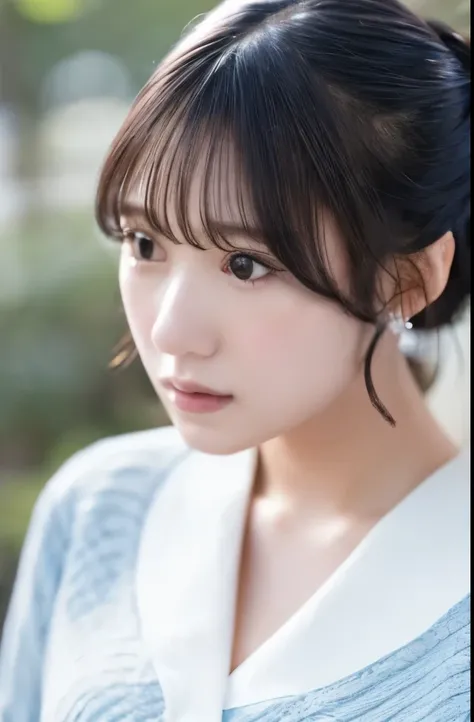 (Short bangs), (Hair color is dark chestnut with a slight brown tinge), (Hair with subtle and gentle waves), (Small, intricate braids on the side of long hair), (Decorated with thin ribbons), ( White blouse with small frills), (bow tie), (青いロングskirt), (Wh...