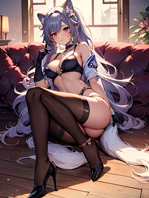 masterpiece, best quality, 8K picture quality, beautiful, attractive, gorgeous, Keqing，Fox Girl，Huge breasts，High heel