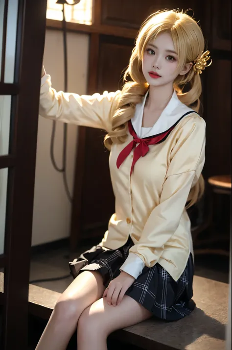 tomoe mami, mitakihara school uniform,
blonde hair, twin drills, hair ornament, ((1 girl, elegant posture)), natural leg proport...