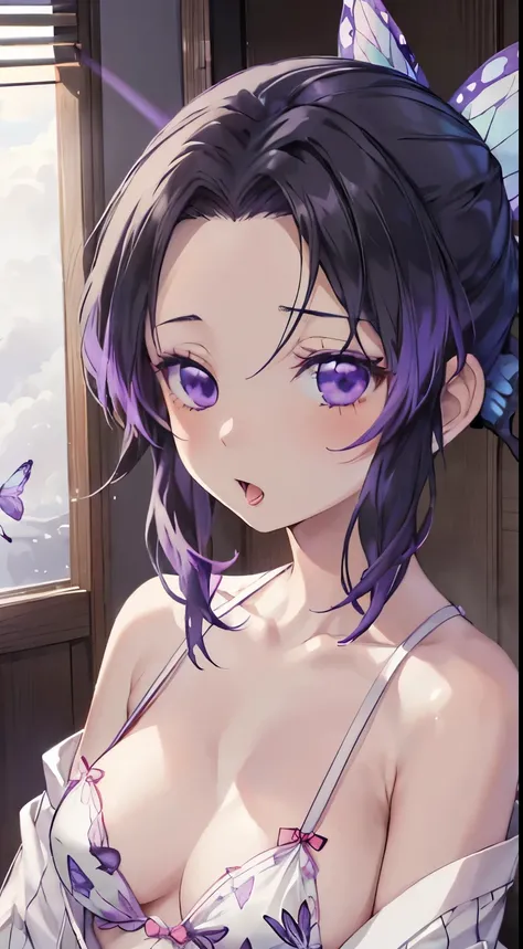 nsfw, (((kochou shinobu))),demon slayer,_kochou shinobu, ((((Nightwear)))),  (Loungewear),Bedroom,  Sit down, (((Close one eye, Yawn, Open your mouth wide))), ((((Yawn)))), Ultra-realistic 8K CG，masterpiece,, （（Highly detailed background，Delicate pattern，I...