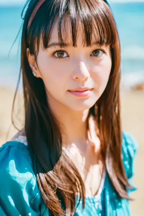 8k, highest quality, masterpiece, super high resolution, (realistic:1.4), RAW Photos, (Film Grain:1.3), One Girl, portrait of a skinny Japanese woman, 30 years old, standing on the beach, a cute face, detailed face, detailed eyes, {short|long} hair, correc...