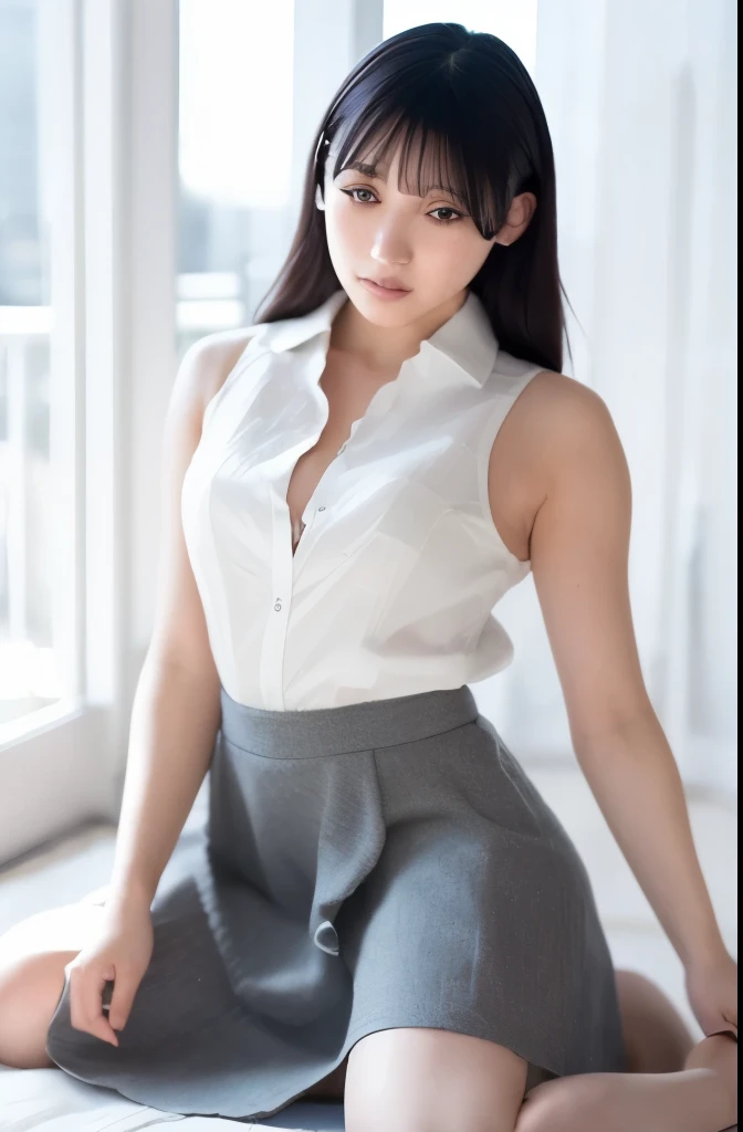  (((full body))), (Short bangs), (Hair color is dark chestnut with a slight brown tinge), (Hair with subtle and gentle waves), (Small, intricate braids on the side of long hair), (Decorated with thin ribbons), ( White blouse with small frills), (bow tie), ...