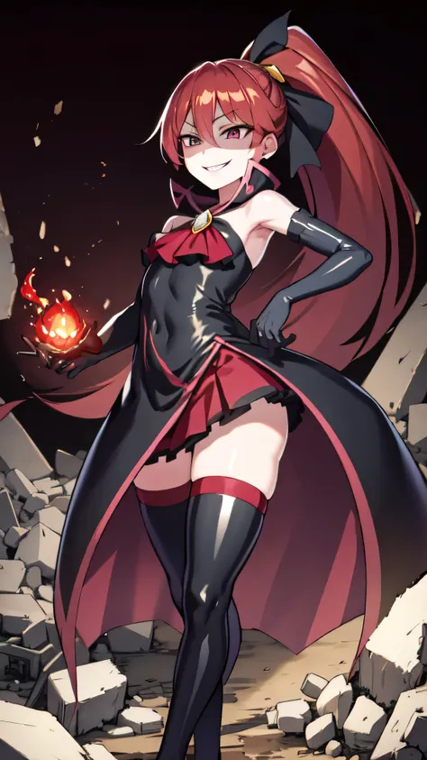 Highest quality, masterpiece, One Girl,Not beautiful, Red Ponytail, Long dress, brooch, Hair Ribbon,  Black knee socks, Standing on the rubble,  (Wicked Smile:1.1), ,,Dark shadowed face,Sadistic smile,Malice,Contempt,smile,latex,Bad face,,Red Skirt,two han...