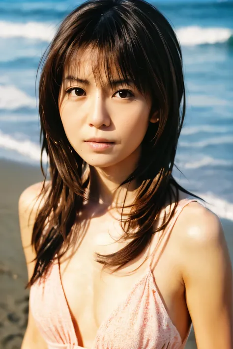 8k, highest quality, masterpiece, super high resolution, (realistic:1.4), RAW Photos, (Film Grain:1.3), One Girl, portrait of a skinny Japanese woman, 30 years old, standing on the beach, a cute face, detailed face, detailed eyes, {short|long} hair, correc...