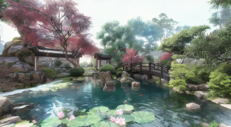 There is a small pond there，There is a bridge over the pond，There is a bridge above, Highly detailed environments, Realistic garden, Flower environment, 3 d virtual landscape painting, Quiet and peaceful atmosphere, Very detailed scene, Beautiful rendering...