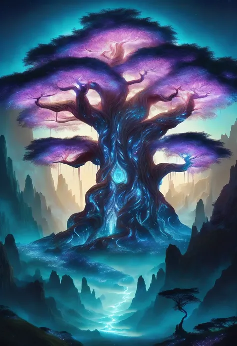 hyper detailed masterpiece, DonM3t3rn1tyXL, magical mountain with the enormous ancient Worldtree. Its should be dim and mystical, possibly glowing with an otherworldly bioluminescent light. Its pose is majestic and regal, exuding a sense of magical power ...