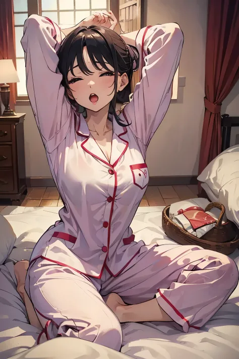 (masterpiece, Highest quality), Beauty、28 years old、pajamas、Sexy、Bedroom、Adorable expression、Yawn、Waking up、Looks sleepy、Wake up the body、Raise your arms and stretch out