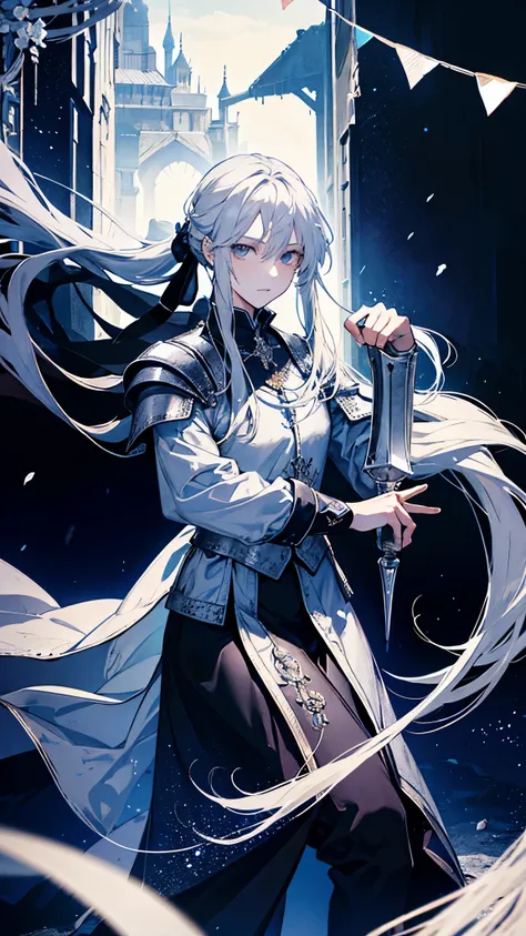 A knight around 25 years old wearing silver armor and a swordsman with long silver hair tied in a ponytail.,On one knee,I have pledged my allegiance,The background is a castle