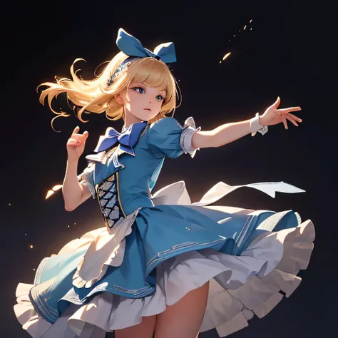 1girl, masterpiece, best quality, 8k, detailed skin texture, detailed cloth texture, beautiful detailed face, intricate details, ultra detailed, Alice in Wonderland, (a bow on her head:1.1), upper body, blonde hair, blue eyes, full body, sideview, dancing ...