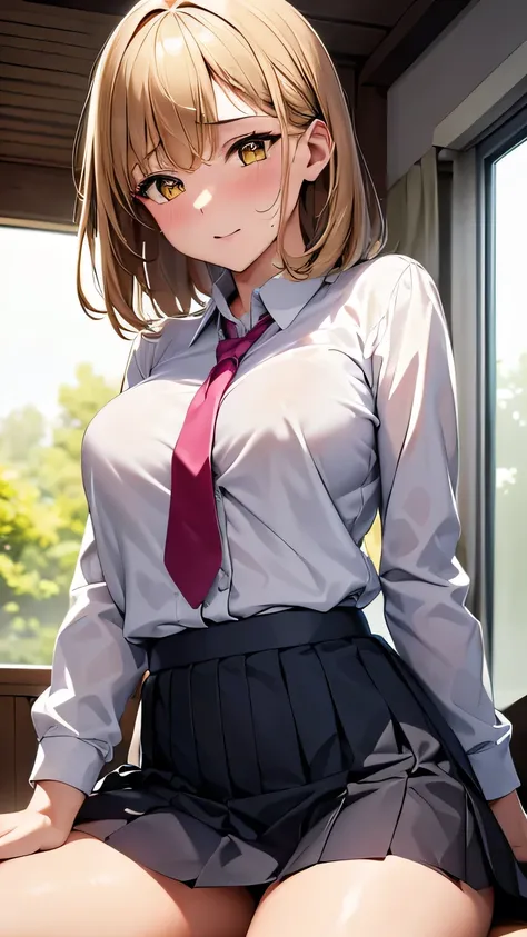 Highest quality, Soft Light, Ultra-high resolution,People Girls, alone, sexy, (Embarrassed face), (Yellow Eyes), Beautiful face in every detail,(High resolution detail of human skin texture), (Medium Hair),tie,Dress shirt,Short pleated skirt,panties,（Sweat...