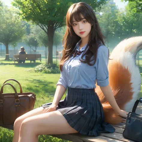 Girl sitting wearing a skirt and a fox tail, リアルなphotographスタイル, a hyperRealistic school girl, Smooth CG, hyperRealistic school girl, Realistic school girl, Beautiful school girl,  Fox&#39;s Tail, Fluffy tail, photograph, Highest quality