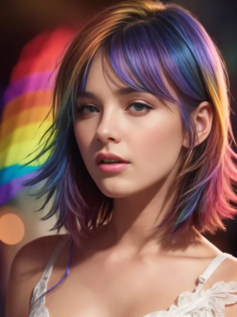 (Highly detailed CG synthesis 8k wallpaper, masterpiece, Highest quality, Super Detailed, Best Shadow), (Rainbow Hair: 1.4), (Detailed Background) (8k, masterpiece, Highest quality, Super Detail: 1.2),
1 girl, Brown Hair, short hair, Highly detailed face, ...