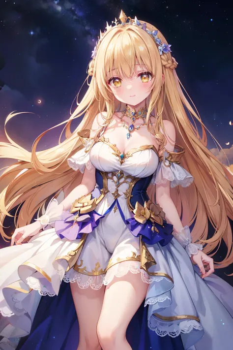 Mahiru shiina, , blonde, (Yellow Eyes:1.3)、Braided long hair,,blush,smile,Beautiful views, Attractive thighs、Beautiful bare legs, //Character
1girl,
BREAK
//Fashions 
Celestial Goddess,
Inspired by the beauty and majesty of the cosmos, this costume exudes ...