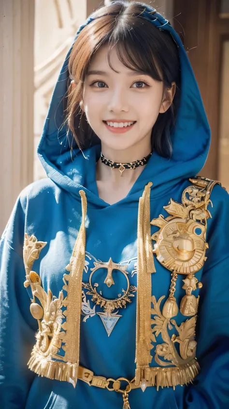 (masterpiece, best quality),  intricate details,, 1girl,     Gura, multicolored hair, blue eyes, shark hair ornament, gold hair ornament, gold choker, gold bracelet, sharp teeth, grin, blue hoodie,,  greek clothes, peplos,