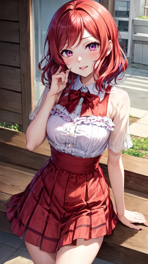 maki nishikino  from Love Live school idol project, purple eyes, beautiful face,detailed eyes, clarity eyes, short haircut , red hair, little hair 