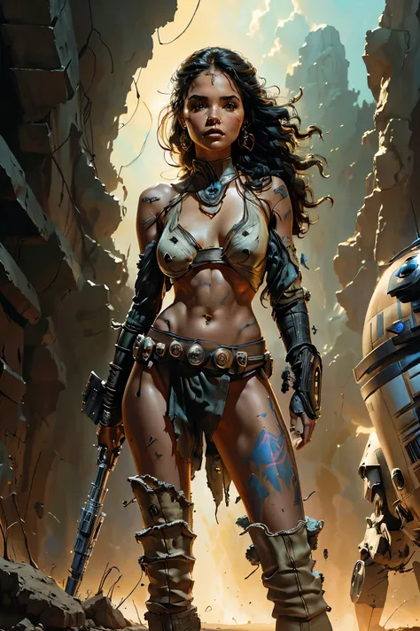 a Star Wars droid based on Alina Lopez, highly detailed cinematic fantasy illustration, black outlining, full color illustration, in the style of BORIS VALLEJO & JULIE BELL, masterpiece, 8k, ultra-detailed, physically-based rendering, vivid colors, dramati...