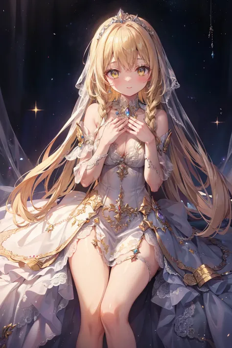 Mahiru shiina, , blonde, (Yellow Eyes:1.3)、Braided long hair,,blush,smile,Beautiful views, Attractive thighs、Beautiful bare legs, //Character
1girl,
BREAK
//Fashions 
Celestial Goddess,
Inspired by the beauty and majesty of the cosmos, this costume exudes ...