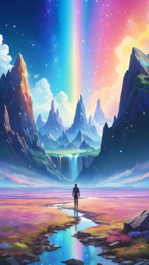 Pastel rainbow sky、A glittering view、Fantastic landscape、Vast horizon、The ground is full of crystal ore、Realistic texture、Overall bright、Sparklingがたくさんある、high resolution、Sparkling、Many stars are scattered、Healing Art、Everyone&#39;s luck improves、May the wo...