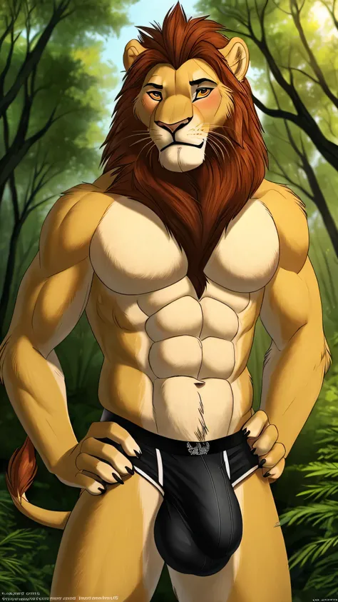 [lion], [Uploaded to e621.net; (raaz), (vksuika), (riska), (dr nowak)], ((masterpiece)), ((HD)), ((furry anthro lion)), ((detailed fur)), ((detailed shading)), ((beautiful render art)), {furry lion; yellow fur, (neck tuft), (abs), (black man underwear), (b...