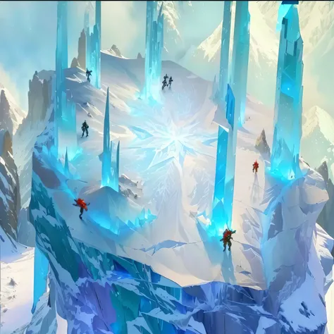 there are many people on a snowboard in a frozen mountain, background aerial battle, pc screenshot, walking across ice planet, full resolution, background: battle scene, disney 2d animation still, screenshot from the game, action scene screenshot, concept ...