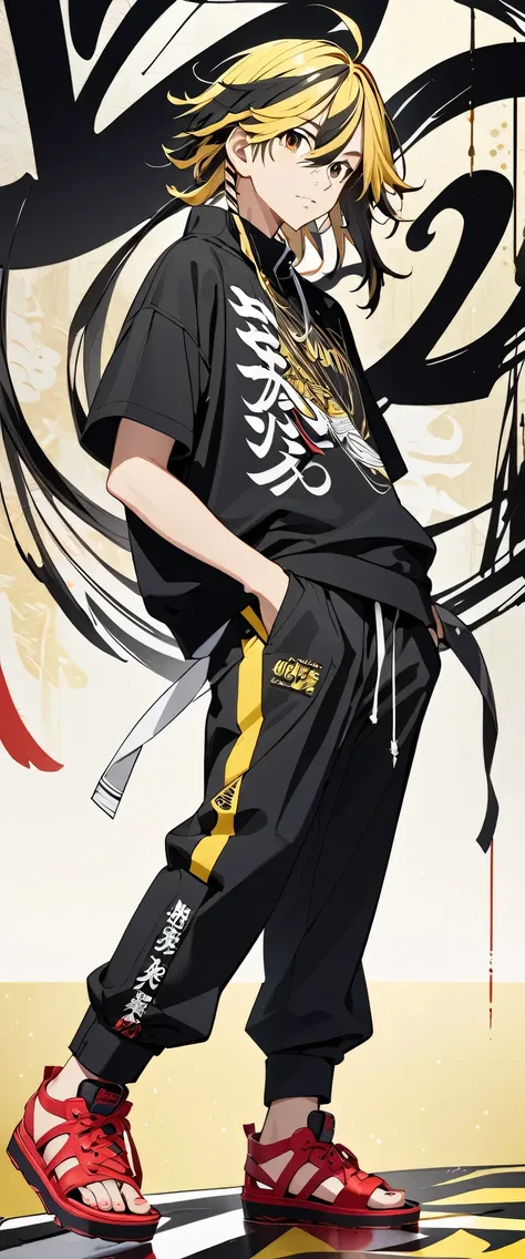 photo of a young adult anime character name "kazutora" with yellow hair mixed with black with hip-hop clothes, as well as hip-ho...