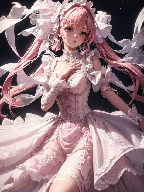 super delicate cute girl in a lolita dress with pink hair. 8k ultra high definition, delicate texture, pure white background.