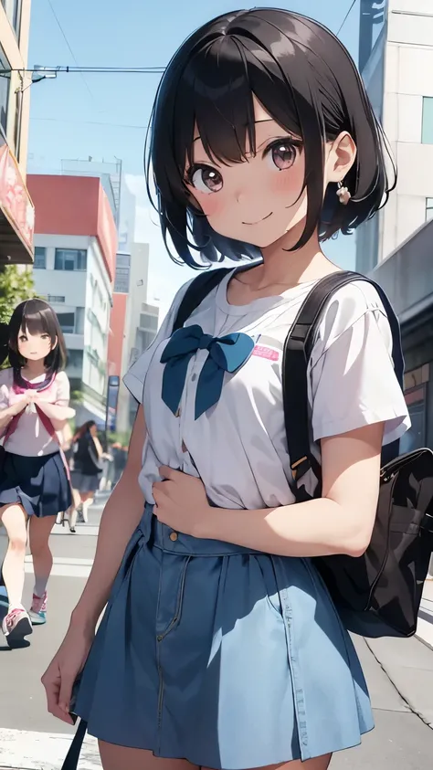 魅力的なジュニアアイドル cute,Girl1people々々、cute、Baby Face,Very young、smile、blush、short hair、He is short、Thin thighs,Denim skirt、school bag、Children's wear、Disproportionately large breasts,sneakers、White socks、ribbon、From below,