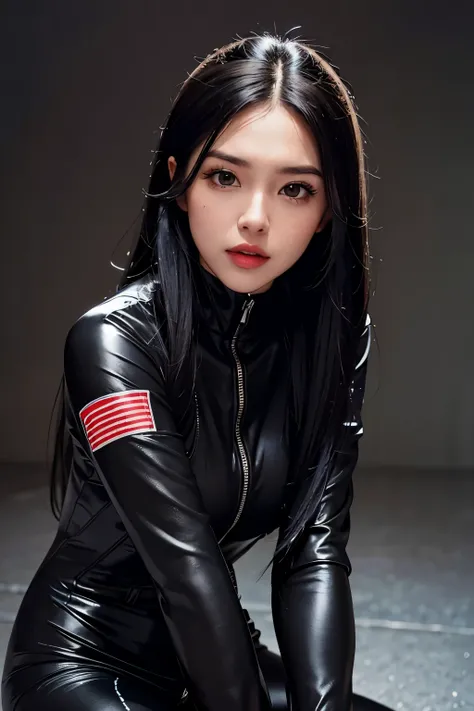 a pretty woman,longhair,black hair,black eyes,silverbikersuit,silverridersuit,silverracingsuit, ridersuit, riderglove, riderboots、daineserasinnguraidersuit