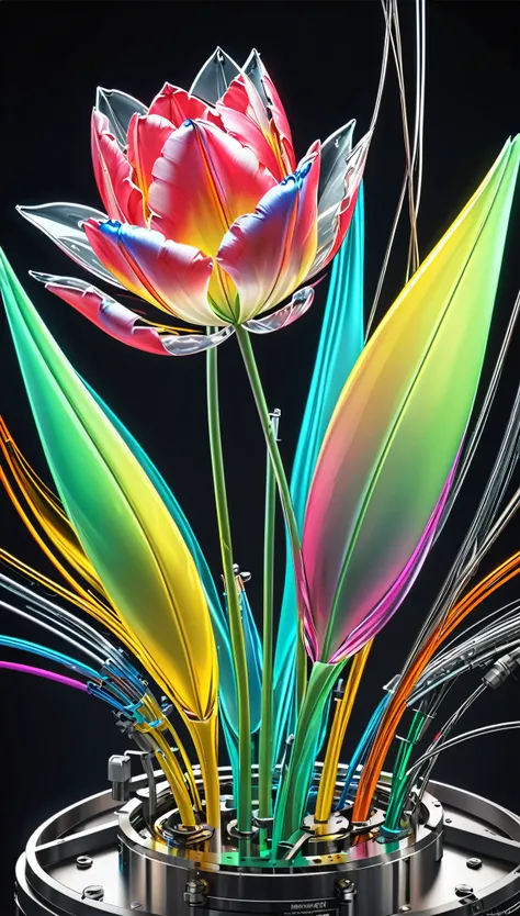 mechanical tulip, transparent, clear neon color, precision instruments, machines, machine parts, LED, wire cables, gradation magic effects, (ultra detailed, absolutely resolution, best quality:1.3), 2.5D, delicate and dynamic, artistic photography, hyper r...