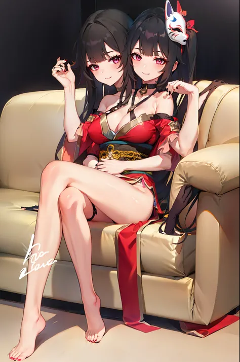 (2 heads:1.3), 1 girl, Sparks (Honkai: Star Rail), Twintail, hair accessories, alone, Off shoulder kimono, black nails, Mask on the head, arms separated, choker, heart, Single gloves, Wristband, Cross Halter, thigh strap, smileที่พอใจ, sitting on the sofa,...