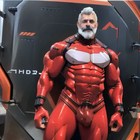 (masterpiece, best quality), 1 old man, white hair and beard, handsome beautiful face, muscle male, beautiful body, wearing asuka plugsuit, bodysuit, interface headset, red bodysuit, nice bulge, nicebulge,