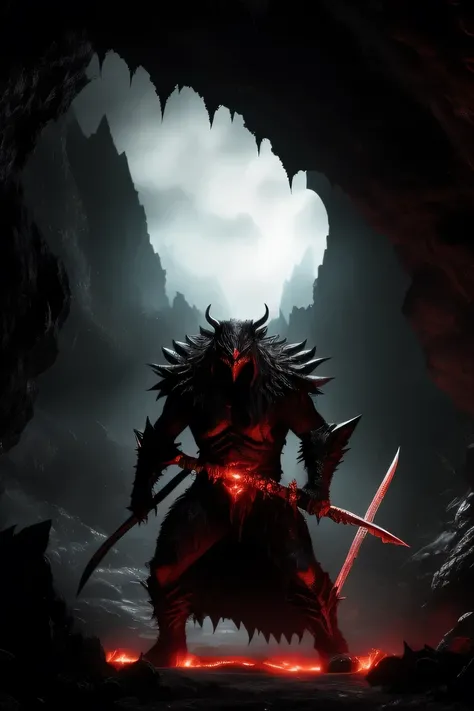  A monstrous creature, with glowing red eyes and sharp claws, attacks D in a dark, underground cavern. D, with his sword drawn, leaps into the air to deliver a fatal blow. Dark fantasy, monster, underground cavern, battle, vampire hunter D