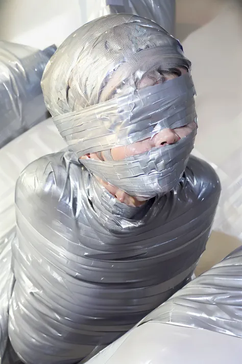 mummification, blindfold, tape gagged, Wide white duct tape, (1 girl:1.4), (Imprisoned in a warehouse), (Highly detailed CG Unity 8k), (highest quality), (Very detailed), (Ultra-high resolution), ((Hands tied behind back)), ((Wrap the heads around with whi...