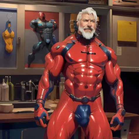 (masterpiece, best quality), 1 old man, white hair and beard, handsome beautiful face, muscle male, beautiful body, wearing asuka plugsuit, bodysuit, interface headset, red bodysuit, nice bulge, nicebulge,