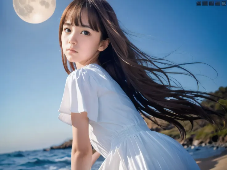 (Close up face shot of slender small-breasted red brown wavy long hair with dull bangs girl wearing a white summer dress:1.5)、(One girl is turn around and big crying face with tears at the cape of the sea in Japan:1.5)、(Beautiful full moon and star night o...