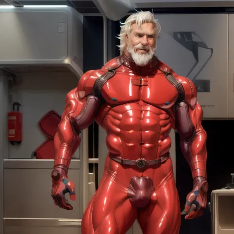 (masterpiece, best quality), 1 old man, white hair and beard, handsome beautiful face, muscle male, beautiful body, wearing asuka plugsuit, bodysuit, interface headset, red bodysuit, nice bulge, nicebulge,