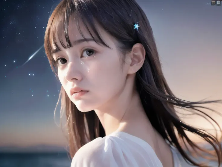 (Close up face shot of slender small-breasted half up brown long hair with bangs girl wearing a white summer dress:1.5)、(One girl is turn around and crying face with tears at the cape of the sea in Japan:1.5)、(Beautiful full moon and stars night on the sea...