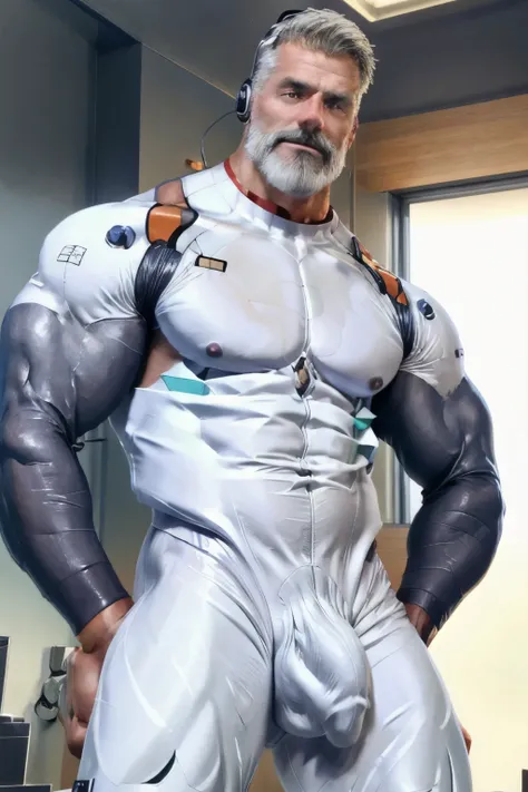 (masterpiece, best quality), 1 old man, handsome beautiful face, muscle male, beautiful body, wearing ayanami plugsuit, bodysuit, interface headset, white bodysuit, nice bulge, nicebulge,