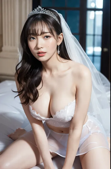 naked,Like the whole body," shape, Brides white outfit, small silver tiara,huge ,sloppy and droopy breasts, Heavy chest almost exposed ,Fully visible bust,Sheer princess skirt,Church wedding,There is a large crowd of participants behind you, Perfect body, ...