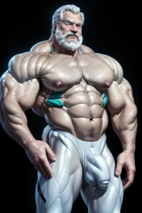 (masterpiece, best quality), 1 old man, handsome beautiful face, muscle male, beautiful body, wearing ayanami plugsuit, bodysuit, interface headset, white bodysuit, nice bulge, nicebulge, pronounced nipples, big swollen sensitive nipples,