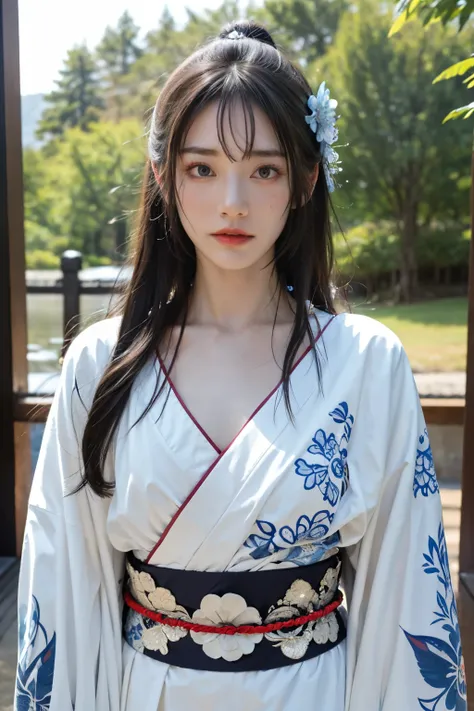 ((best quality)), ((masterpiece)), (detailed), Japanese Shrine Maiden，Wearing a white witch costume，His face turned pale，Stiff expression，Cold eyes，Blue tattoos on the face，There are blue tattoos on the body，The background is dark，Sense of story，Ultra-high...