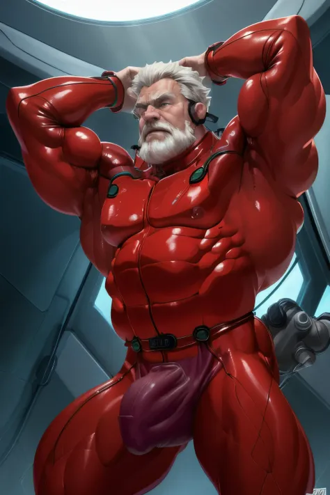 (masterpiece, best quality), 1 old man, handsome beautiful face, muscle male, beautiful body, wearing asuka plugsuit, bodysuit, interface headset, red bodysuit, nice bulge, nicebulge, pronounced nipples, big swollen sensitive nipples,