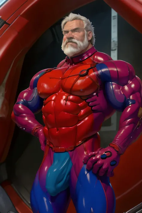 (masterpiece, best quality), 1 old man, handsome beautiful face, muscle male, beautiful body, wearing asuka plugsuit, bodysuit, interface headset, red bodysuit, nice bulge, nicebulge, pronounced nipples, big swollen sensitive nipples,