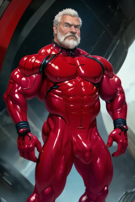 (masterpiece, best quality), 1 old man, handsome beautiful face, muscle male, beautiful body, wearing asuka plugsuit, bodysuit, interface headset, red bodysuit, nice bulge, nicebulge, pronounced nipples, big swollen sensitive nipples,