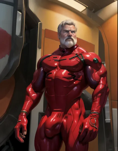 (masterpiece, best quality), 1 old man, handsome beautiful face, muscle male, beautiful body, wearing asuka plugsuit, bodysuit, interface headset, red bodysuit, nice bulge, nicebulge, pronounced nipples, big swollen sensitive nipples,