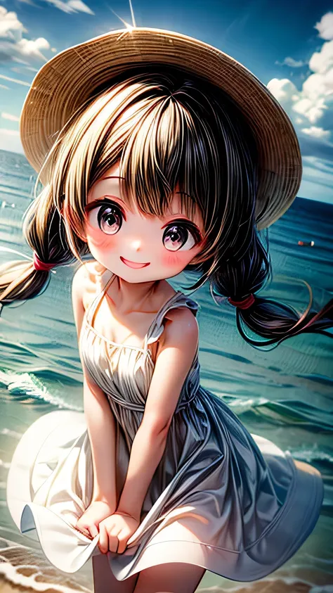 最high quality, masterpiece, , ,short, huge breasts, black hair,low twin tails, black eyes, yukinecris, thin twin tails,, beach, ...