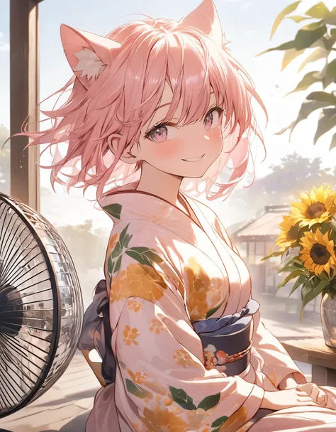 Masterpiece, 10 year old girl, Pink hair, short hair, cat ears, Smiling, Summer yukata, daytime, hair fluttering in the wind, (((sit in front of an electric fan))), ((Japanese style veranda background)), sunflowers are blooming