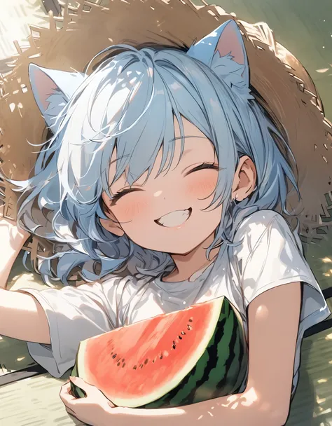 Masterpiece, 10 year old girl, light blue hair, short hair, cat ears, Smiling, short-sleeved clothes, Shorts, wear a straw hat, daytime, (((lie down on the tatami))), upper body, There is a watermelon, There is a fan
