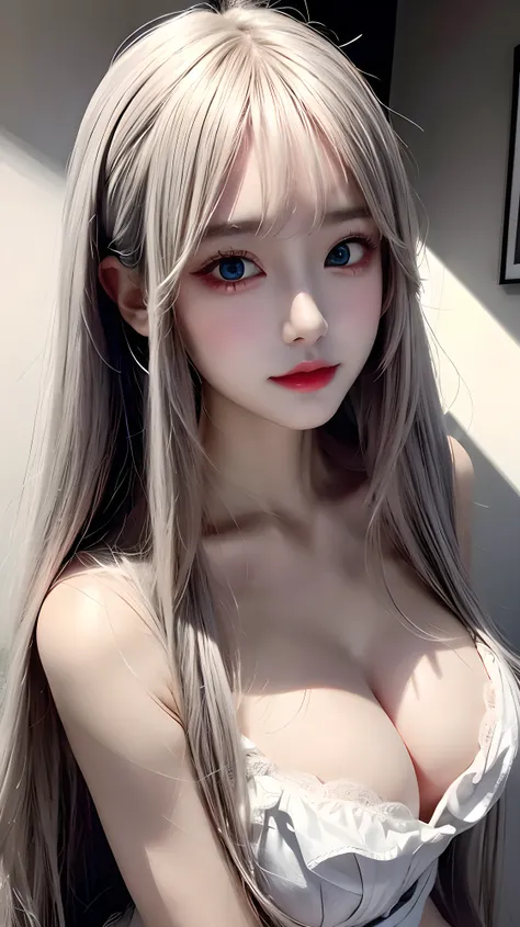 cleavage, Volumetric lighting、extra detailed face、1girl、dark、deep-shadows、lowkey、cowboy  shot、(Formula service:1.4)、length hair、white  hair