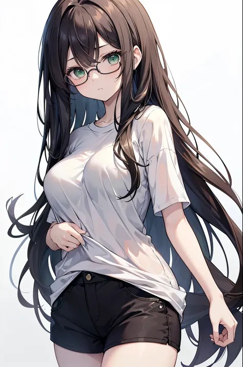 {{masterpiece}}, The best quality of life, 、Dark brown long hair 、 Cute female, (Green Eyes）、Expressionless adult woman、((White background))、tall、One woman with good style、Large Breasts、Black innerwear、Grey T-shirt、Thin glasses、Black shorts